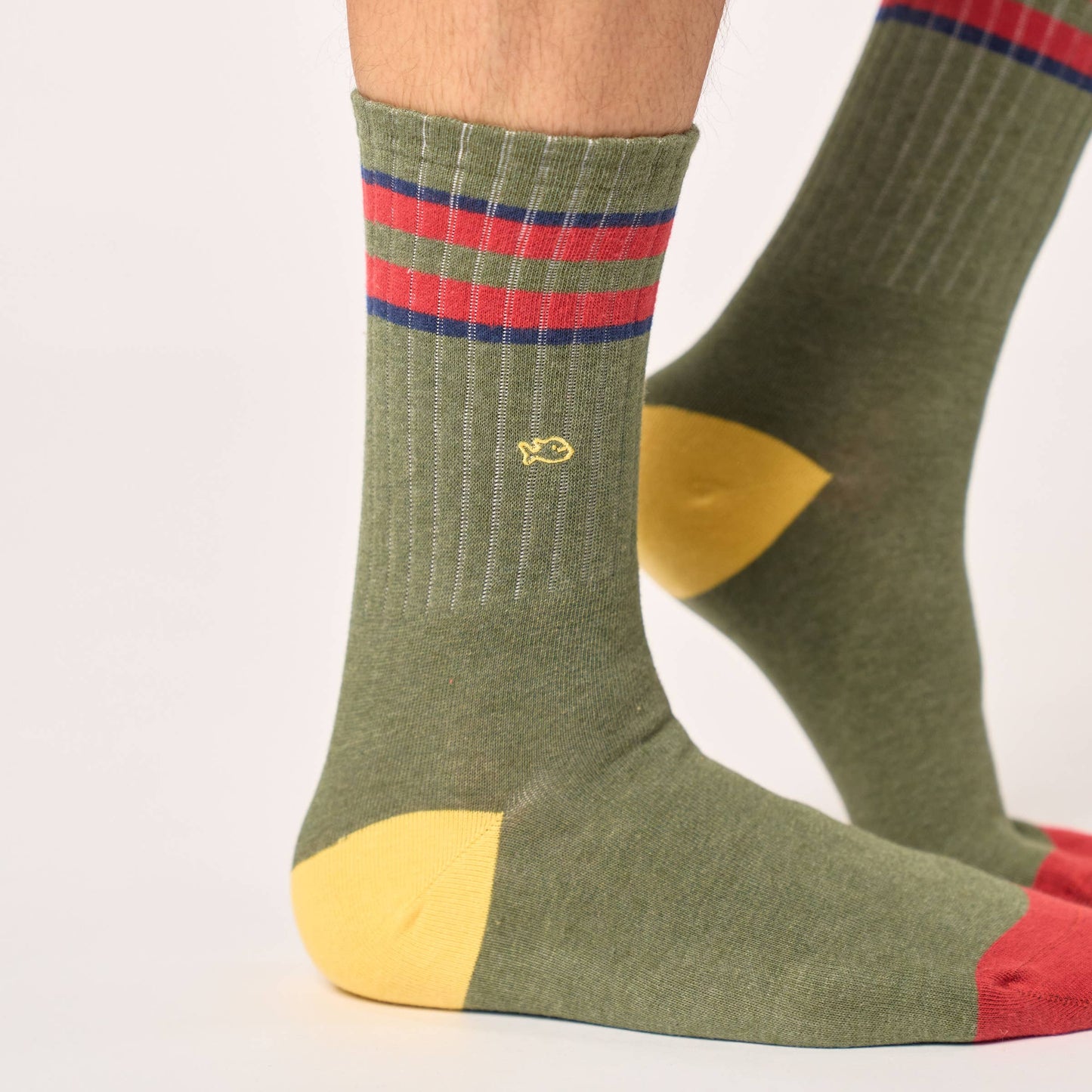 BILLYBELT Retro Socks - Khaki, Red & Blue Striped