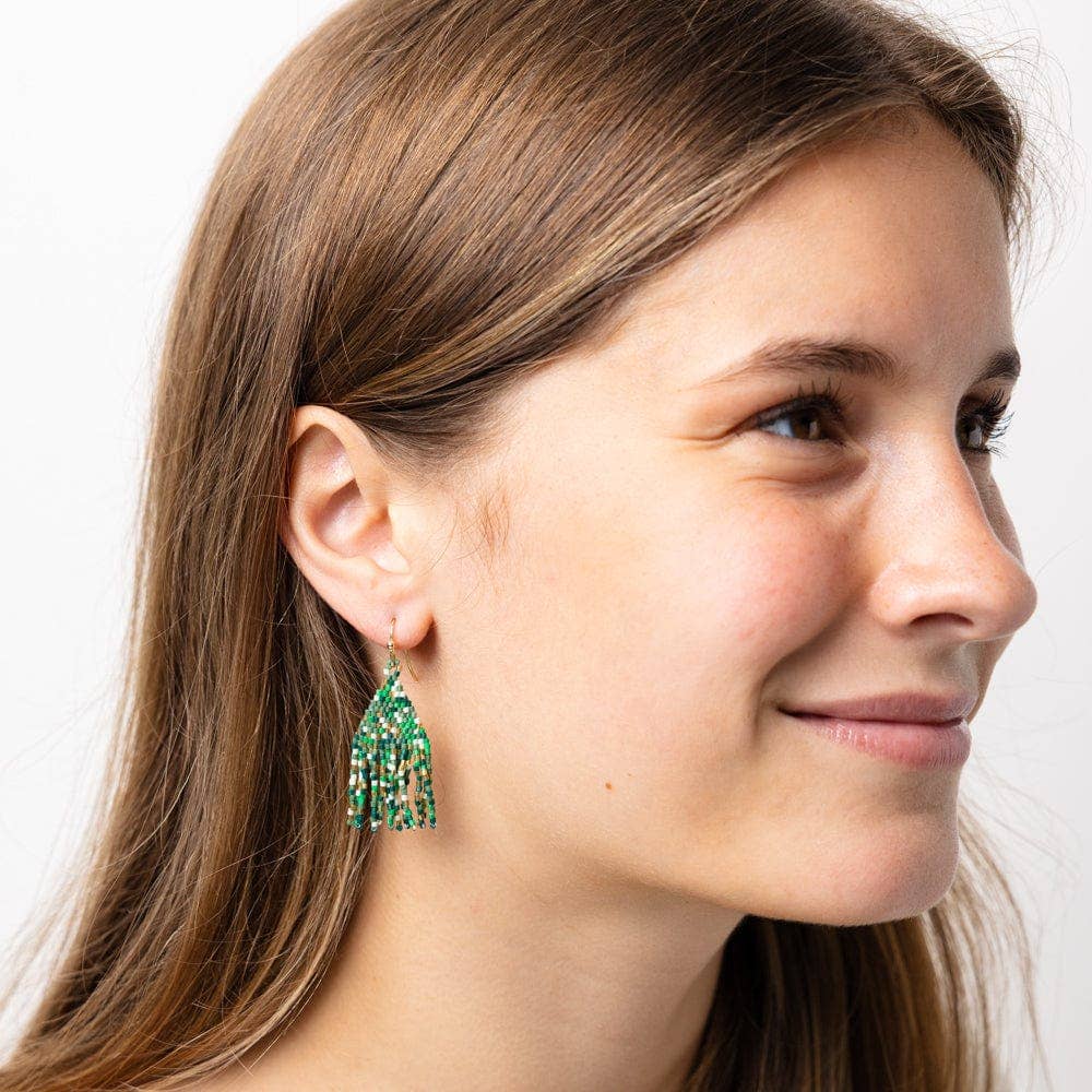 Cassie Mini Confetti Short Fringe Earrings - Green + Gold