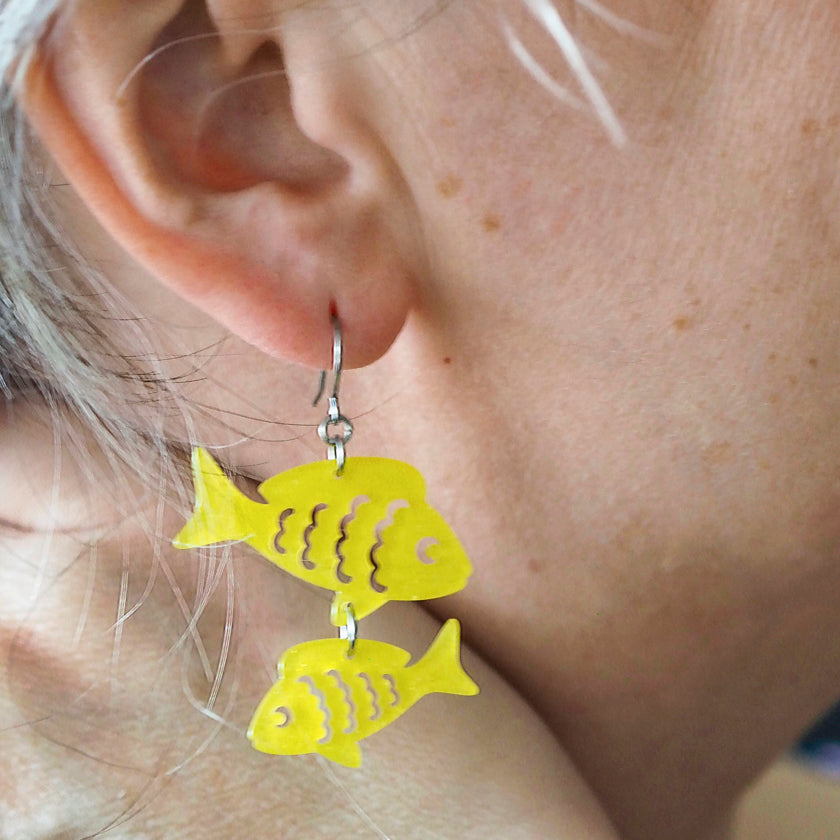 Fish Friends Drop Earrings - Yellow