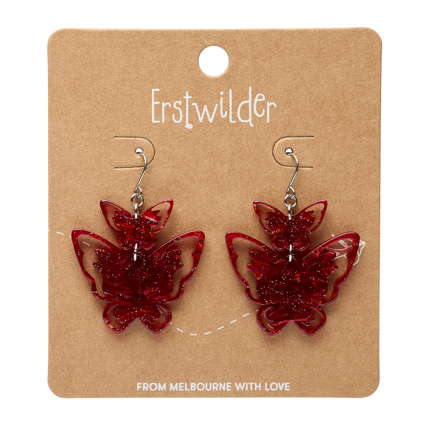 Double Butterfly Drop Earrings - Red