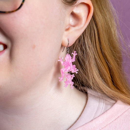 Double Frog Drop Earrings - Pink
