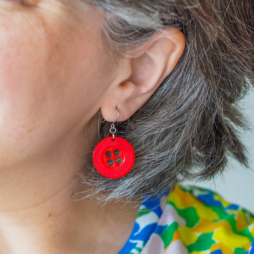 Button Drop Earrings - Red