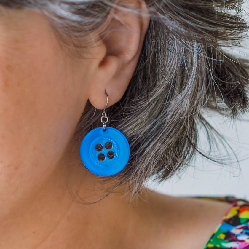 Button Drop Earrings - Blue