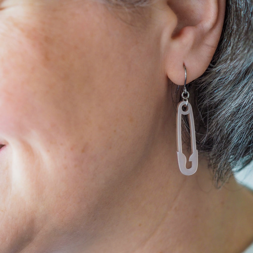 Safety Pin Drop Earrings - Silver