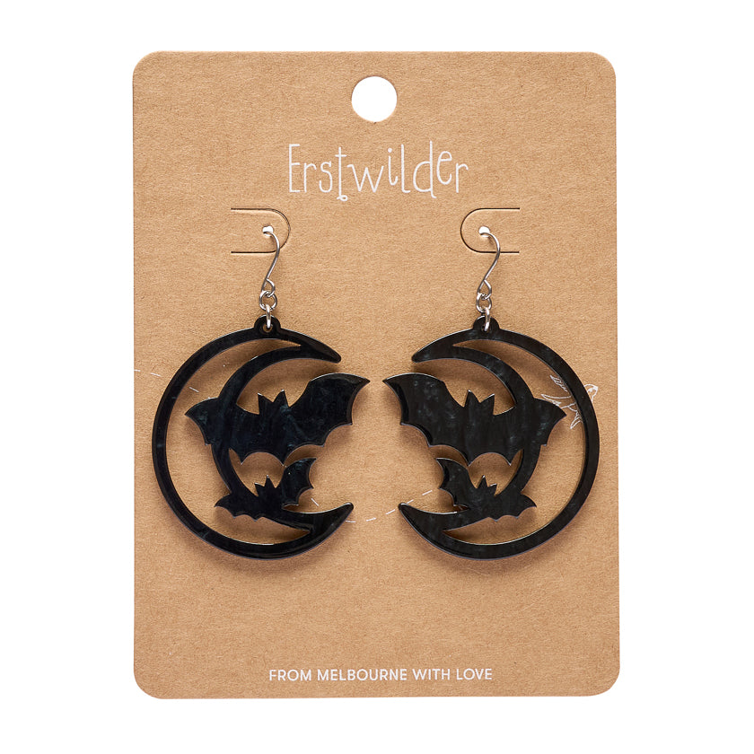 Moon & Bats Drop Earrings - Black