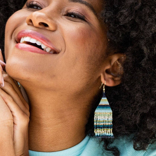 Lexie Horizontal Stripe Beaded Fringe Earrings - Blue