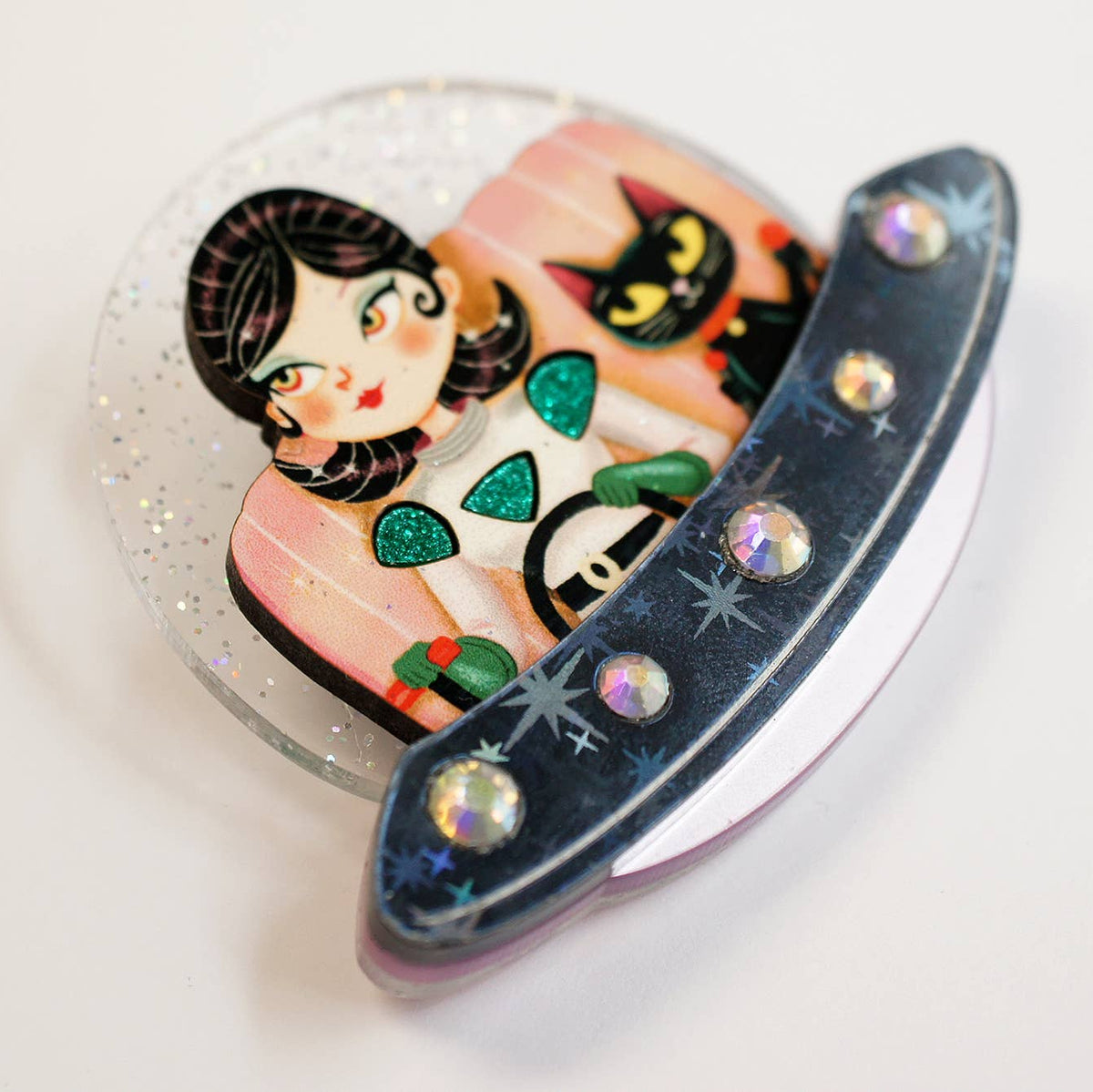 UFO with Space Girl and Cat Brooch