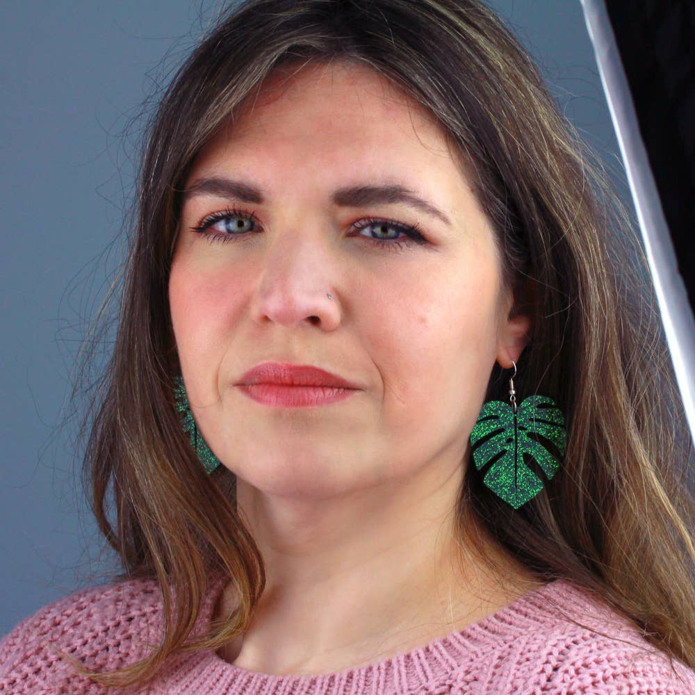 Glitter Monstera Leaf Earrings