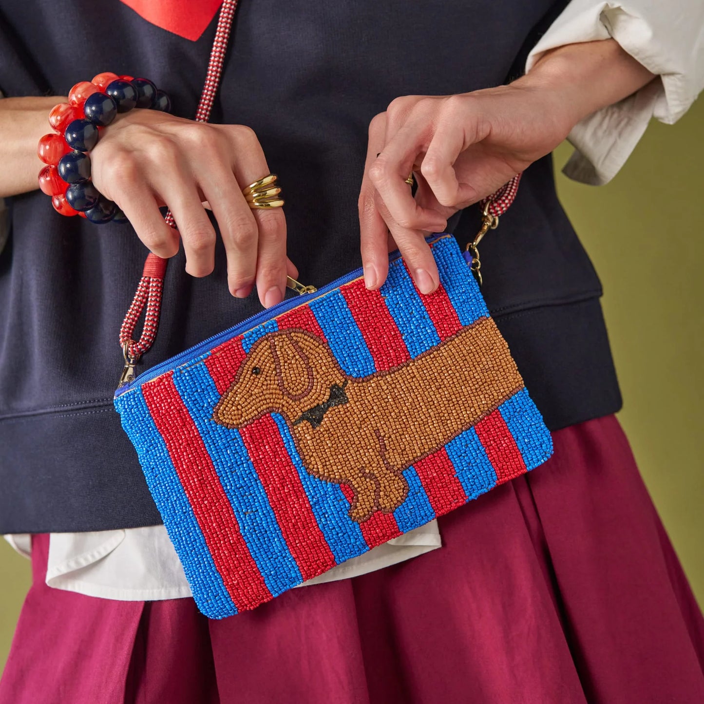Leila Striped Dachshund Seed Bead Clutch With Strap