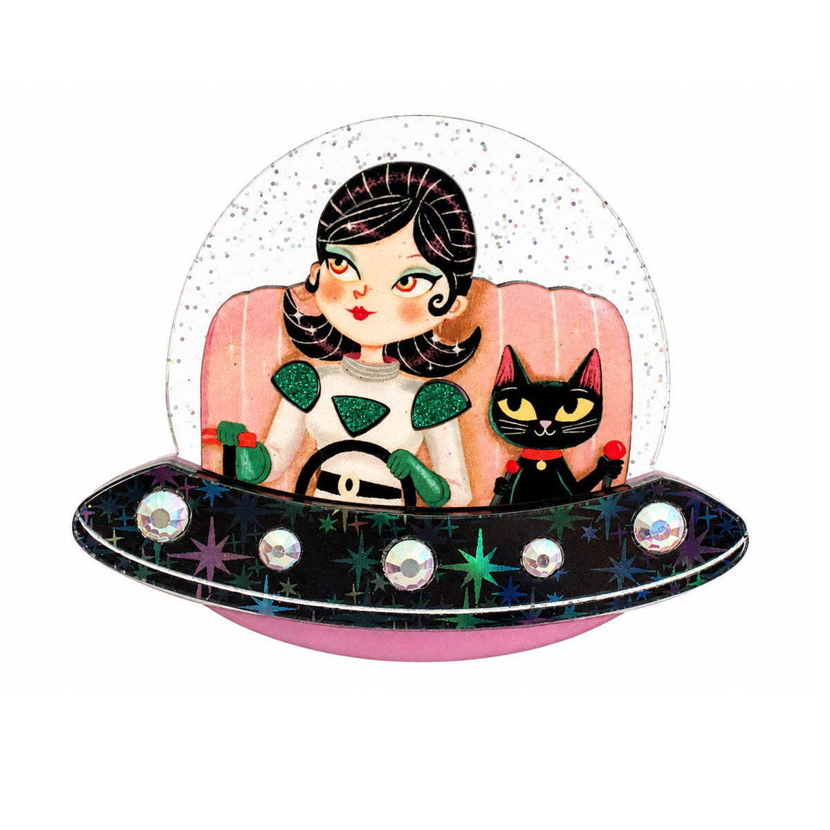 UFO with Space Girl and Cat Brooch