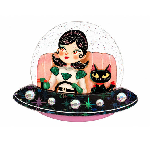 UFO with Space Girl and Cat Brooch