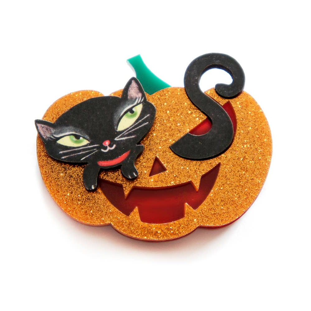 Pumpkin with Kitten Brooch
