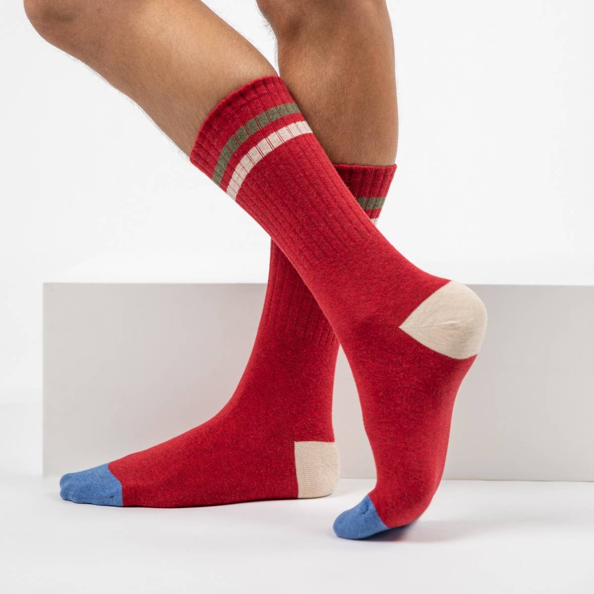 BILLYBELT Retro Socks - Red with Green and Beige Stripe