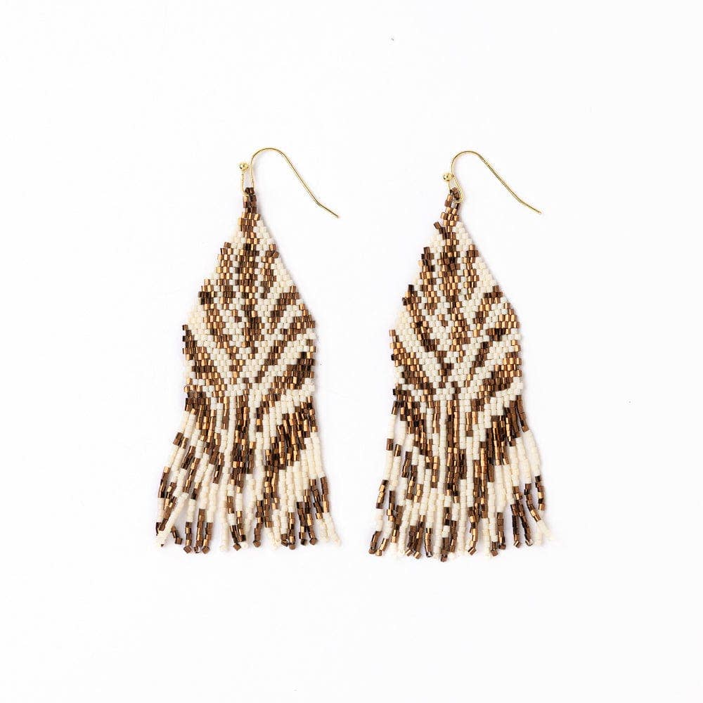 Delilah Zebra Print Beaded Fringe Earrings - Bronze + Ivory