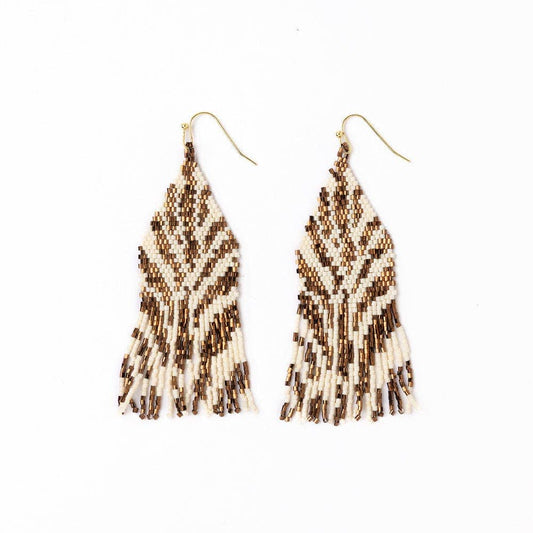 Delilah Zebra Print Beaded Fringe Earrings - Bronze + Ivory