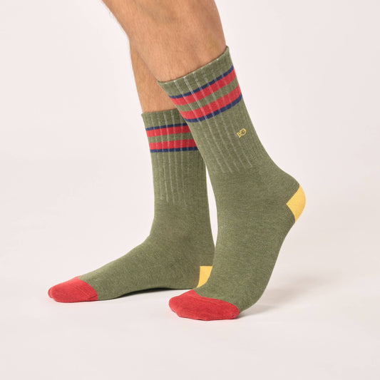 BILLYBELT Retro Socks - Khaki, Red & Blue Striped