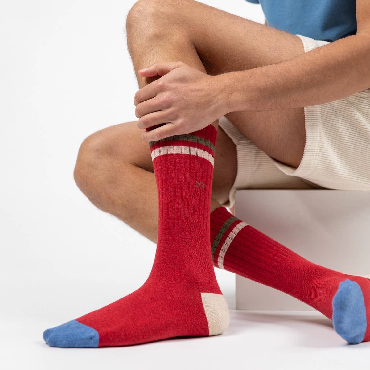 BILLYBELT Retro Socks - Red with Green and Beige Stripe