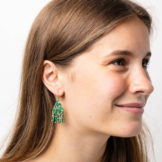 Cassie Mini Confetti Short Fringe Earrings - Green + Gold