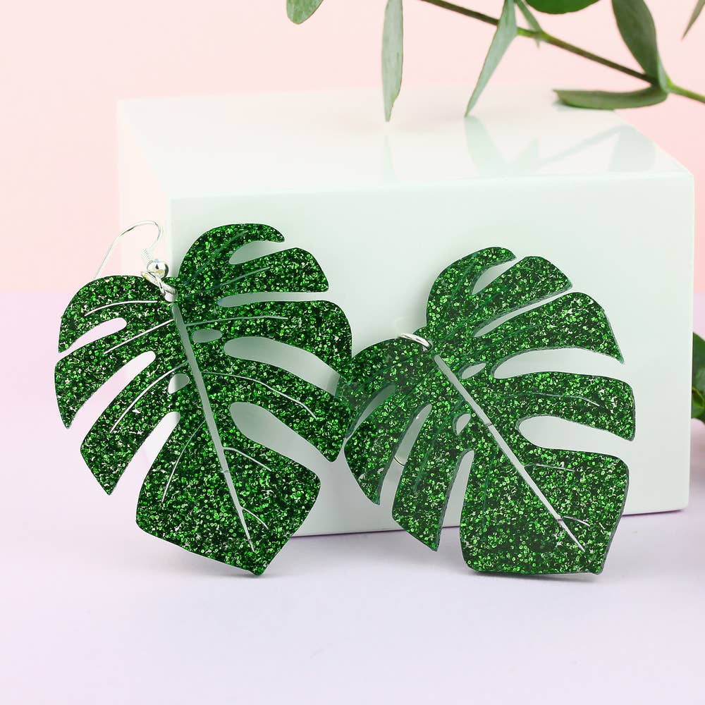 Glitter Monstera Leaf Earrings