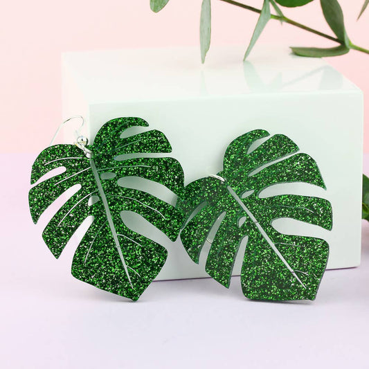 Glitter Monstera Leaf Earrings