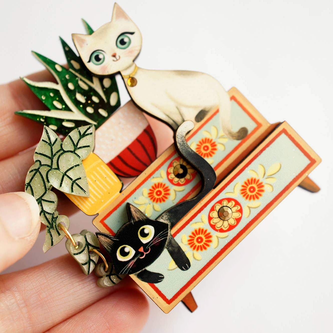 Kittens and Plants Brooch