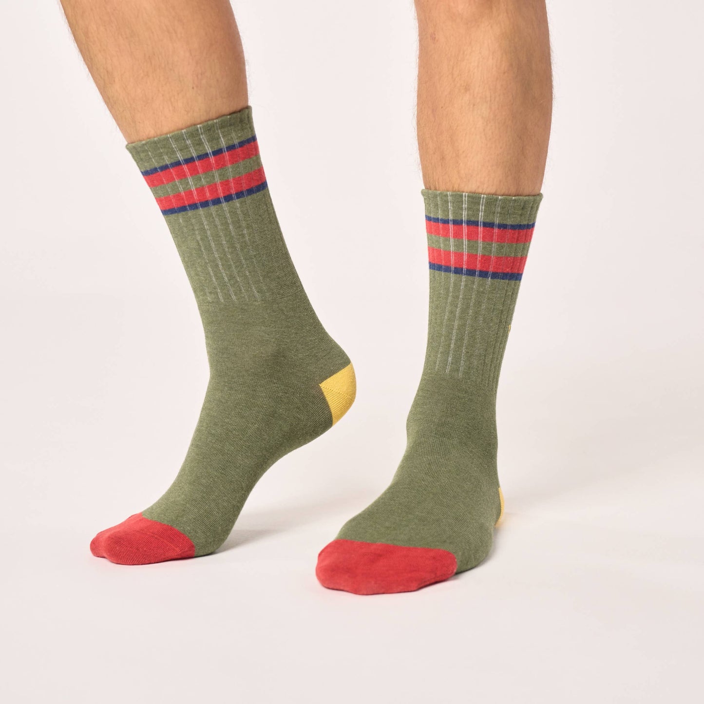 BILLYBELT Retro Socks - Khaki, Red & Blue Striped