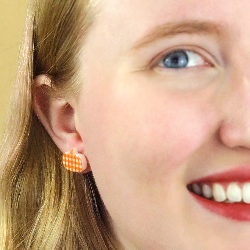 Pumpkin Patch Stud Earrings Set - Orange & Orange Gingham
