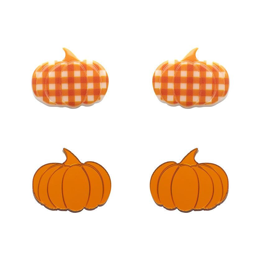 Pumpkin Patch Stud Earrings Set - Orange & Orange Gingham