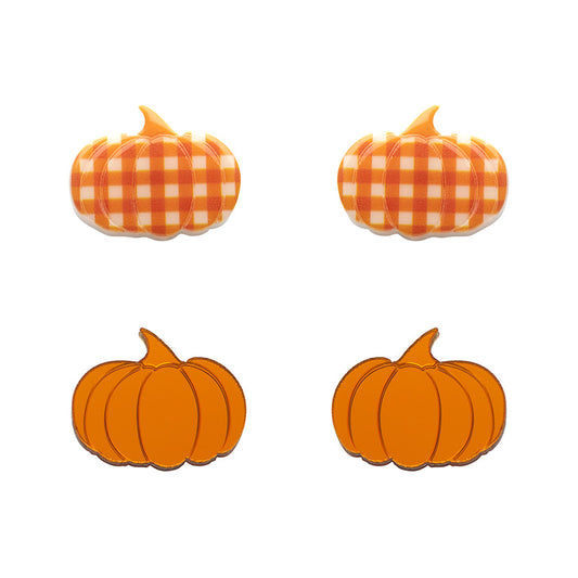 Pumpkin Patch Stud Earrings Set - Orange & Orange Gingham