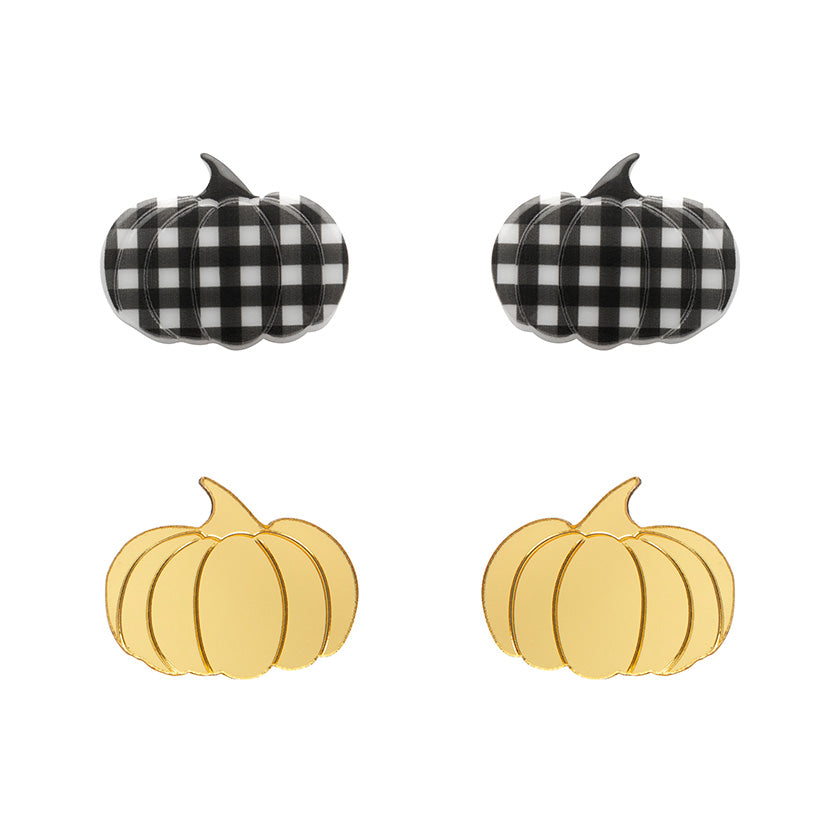 Pumpkin Patch Stud Earrings Set - Gold & Black Gingham