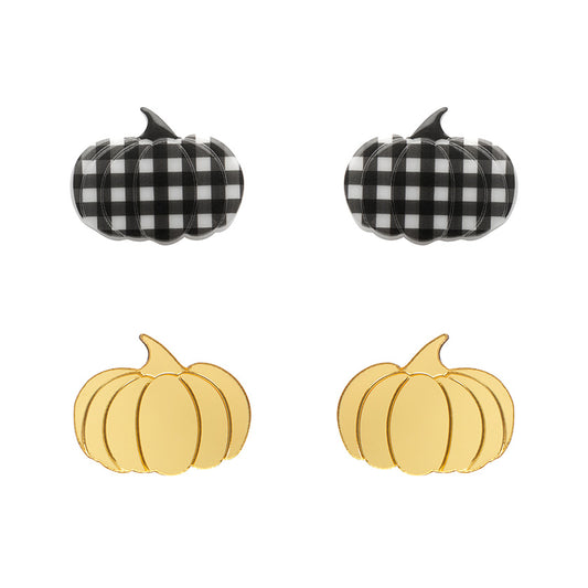 Pumpkin Patch Stud Earrings Set - Gold & Black Gingham