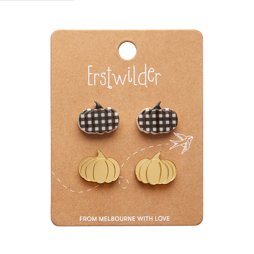 Pumpkin Patch Stud Earrings Set - Gold & Black Gingham