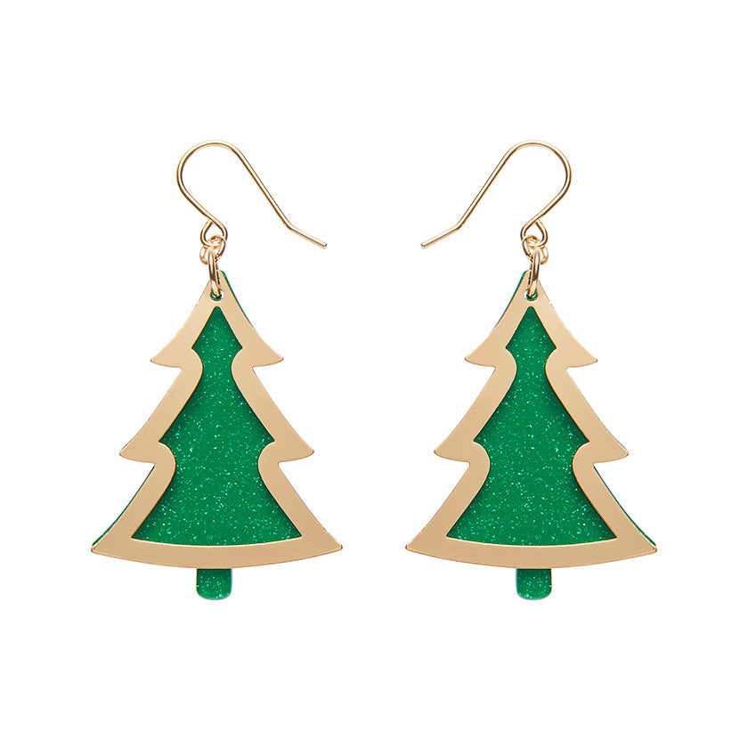 Green Christmas Tree Drop Earrings - Gold