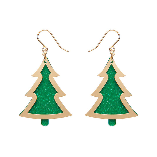 Green Christmas Tree Drop Earrings - Gold