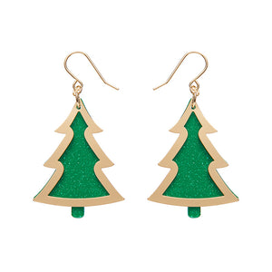 Green Christmas Tree Drop Earrings - Gold