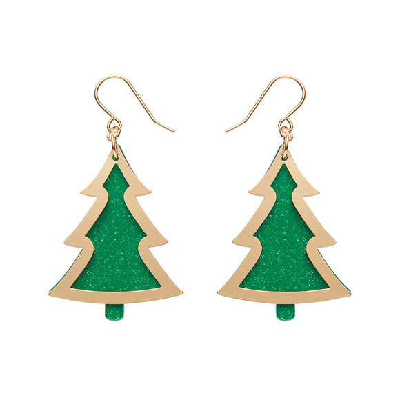 Green Christmas Tree Drop Earrings - Gold