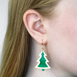 Green Christmas Tree Drop Earrings - Gold