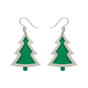 Green Christmas Tree Drop Earrings - Silver