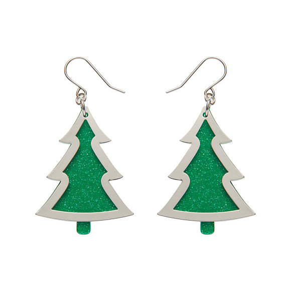 Green Christmas Tree Drop Earrings - Silver