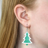 Green Christmas Tree Drop Earrings - Silver