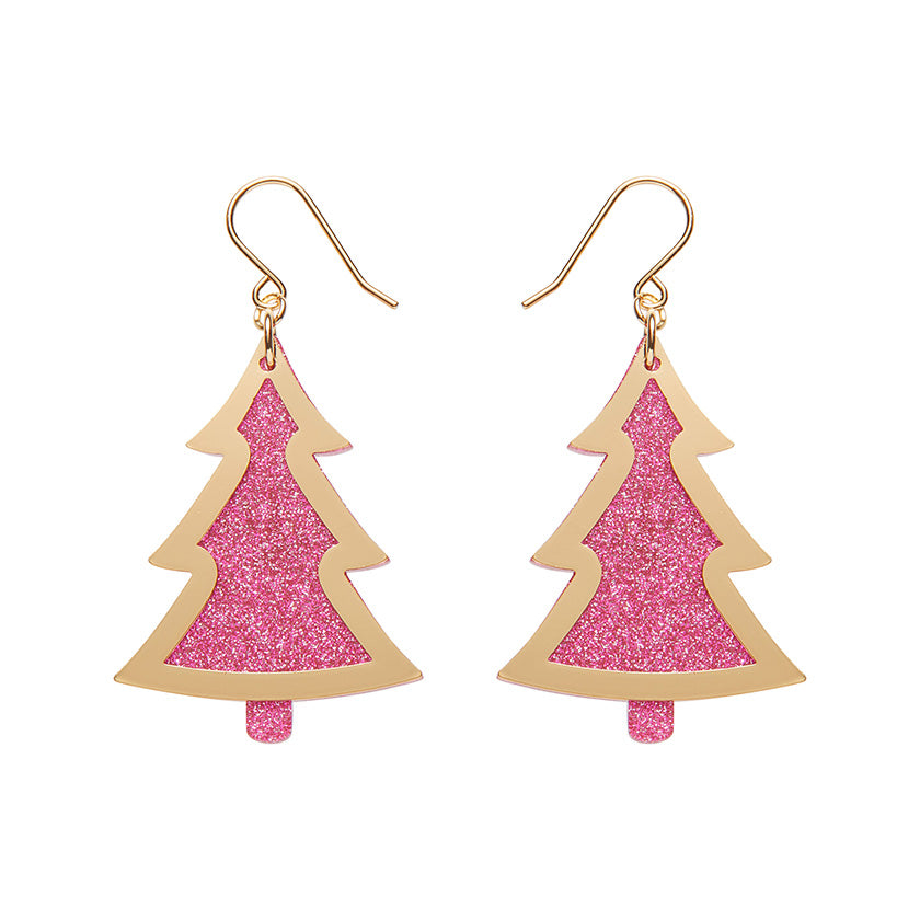 Pink Christmas Tree Drop Earrings - Gold