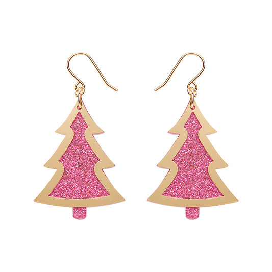 Pink Christmas Tree Drop Earrings - Gold