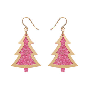 Pink Christmas Tree Drop Earrings - Gold