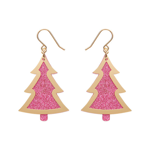 Pink Christmas Tree Drop Earrings - Gold