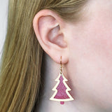 Pink Christmas Tree Drop Earrings - Gold