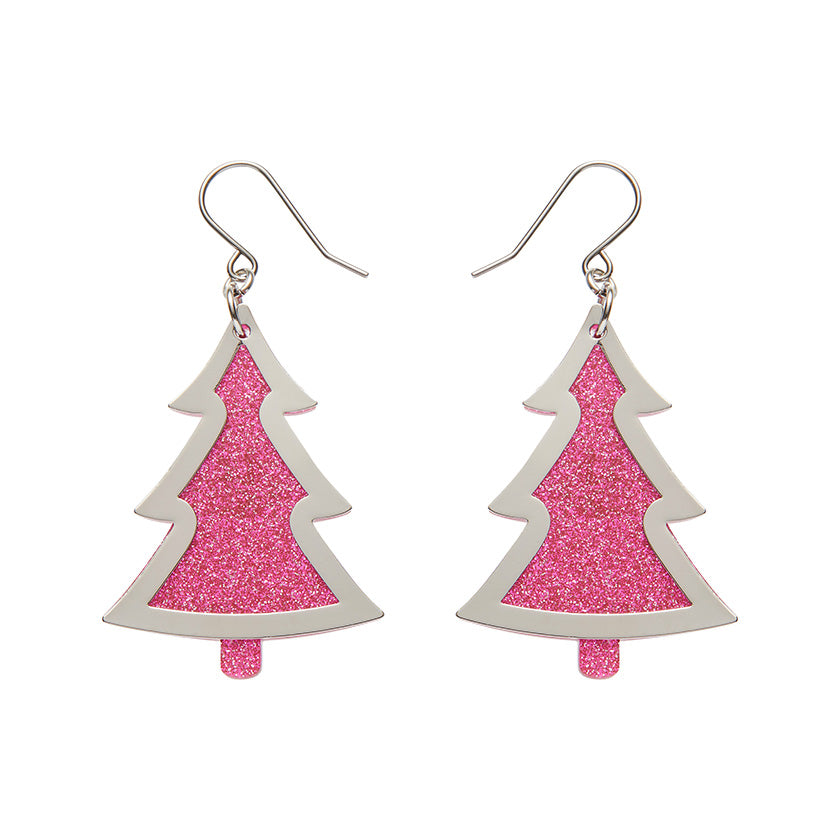 Pink Christmas Tree Drop Earrings - Silver