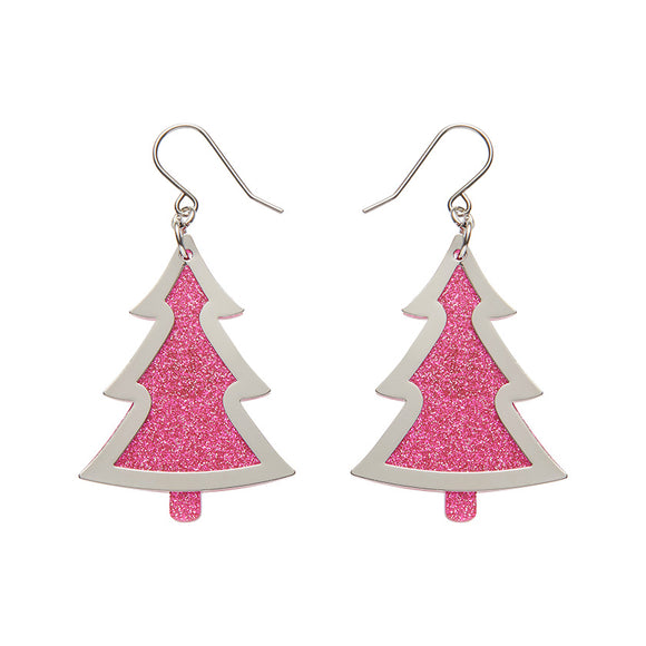 Pink Christmas Tree Drop Earrings - Silver