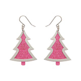 Pink Christmas Tree Drop Earrings - Silver