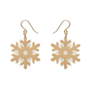 White Snowflake Drop Earrings - Gold