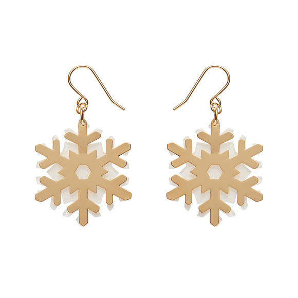 White Snowflake Drop Earrings - Gold